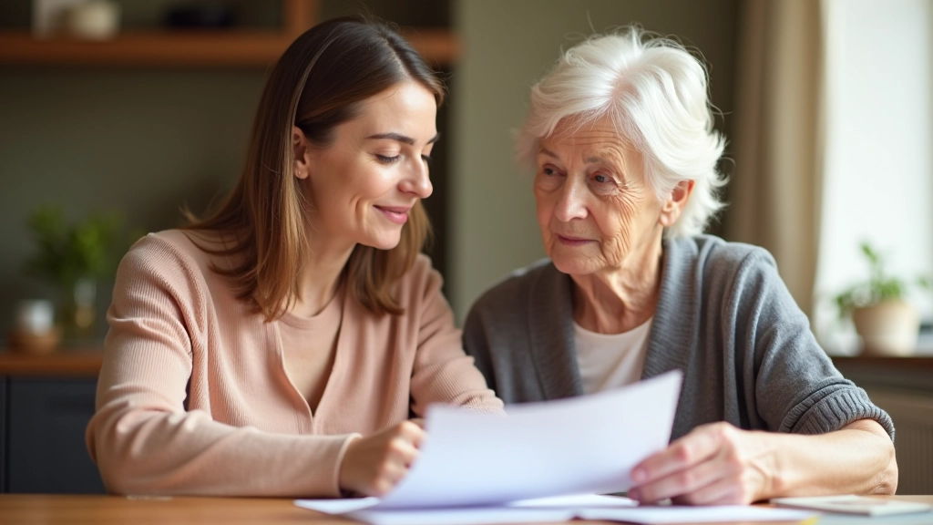 Adult child and elderly parent reviewing a safety checklist together in the home