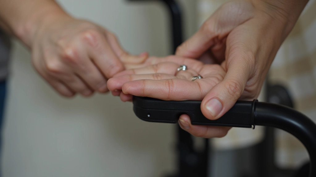 Close-up of hands adjusting the height of a walking frame with adjustment buttons visible
