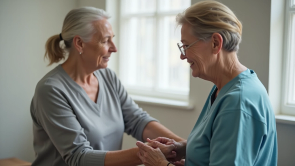 Older adult learning proper walking technique with a physiotherapist in a clinical setting