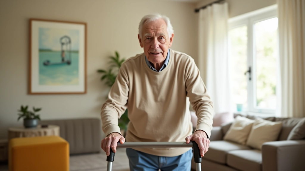 Older adult confidently using a walking aid while moving through a bright living room