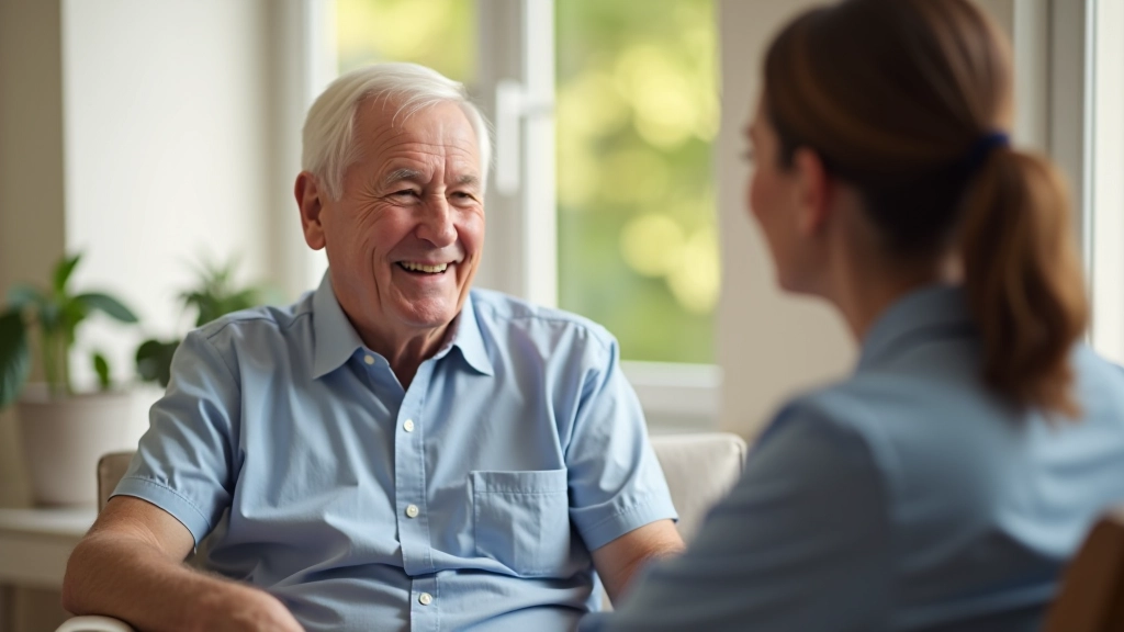 Happy elderly person with care worker having conversation in bright home environment