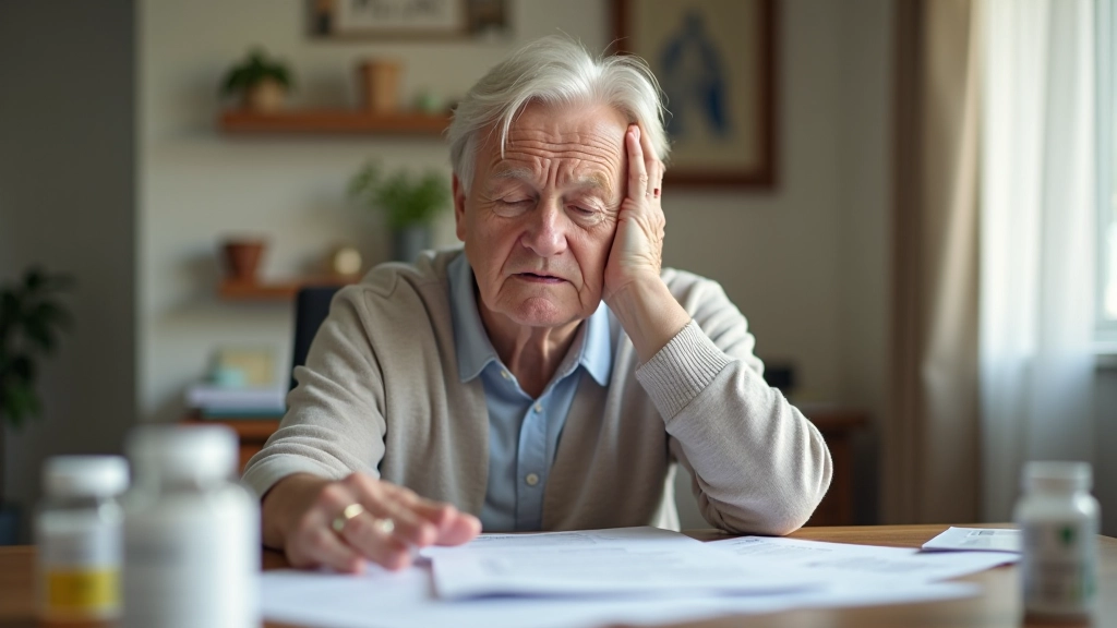 Person looking tired at desk with papers and medications, showing signs of caregiver stress