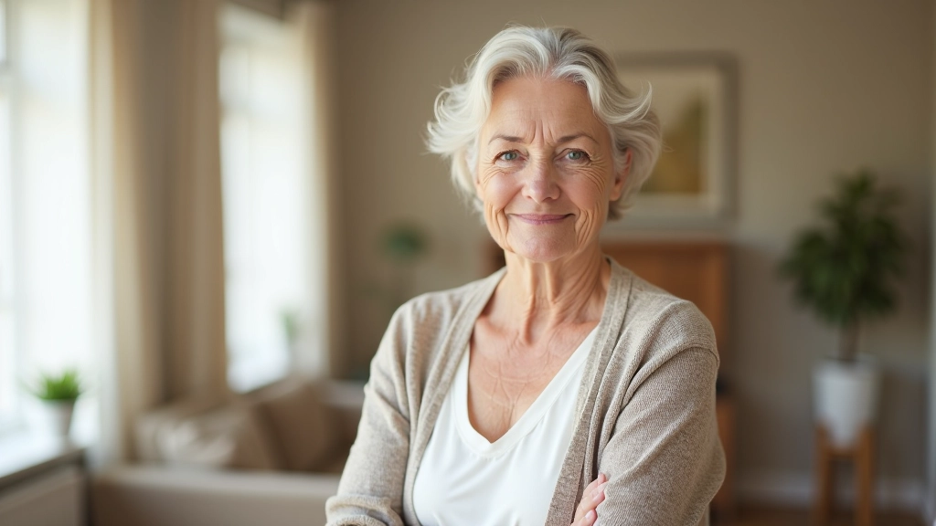 Senior woman in her living room, standing safely near furniture with good lighting