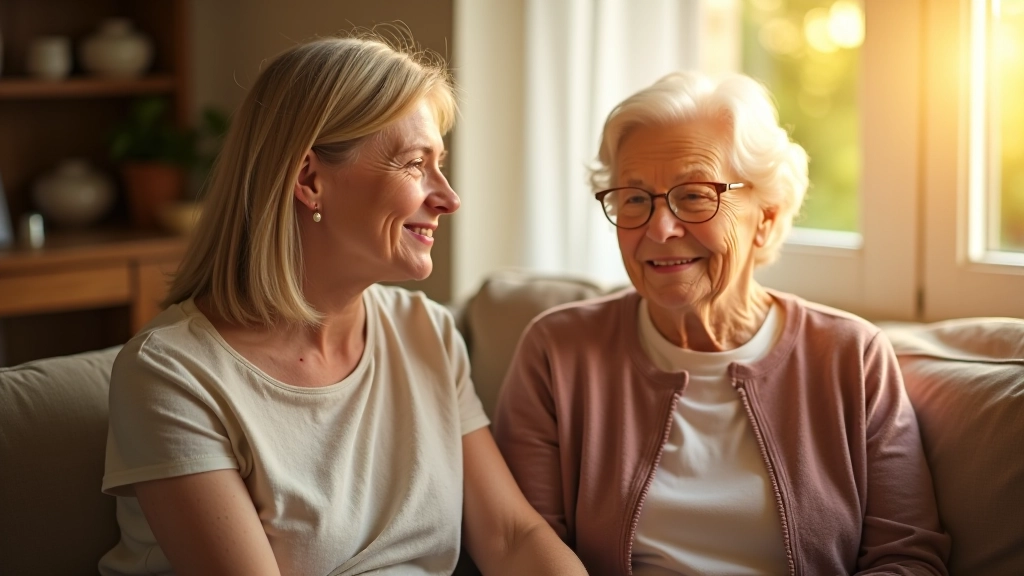Adult daughter holding elderly mother's hand, both smiling