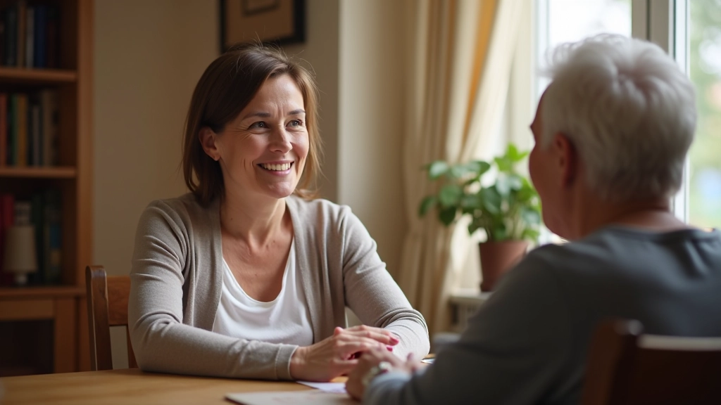Adult child having a supportive conversation with aging parent in comfortable home setting